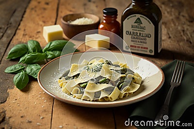 Delicous pasta carbonara, with verdure with plenty of Parmesan, beautiful table setup. Ai generated Stock Photo