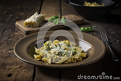 Delicous pasta carbonara, with verdure with plenty of Parmesan, beautiful table setup. Ai generated Stock Photo