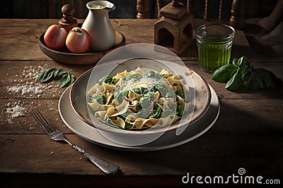 Delicous pasta carbonara, with verdure with plenty of Parmesan, beautiful table setup. Ai generated Stock Photo