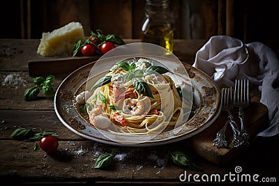 Delicous pasta carbonara, with verdure with plenty of Parmesan, beautiful table setup. Ai generated Stock Photo