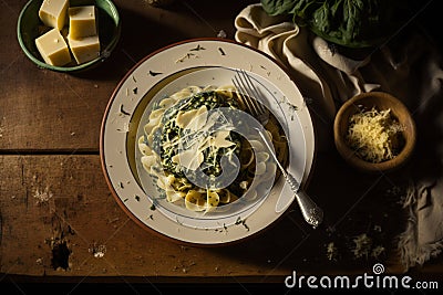 Delicous pasta carbonara, with verdure with plenty of Parmesan, beautiful table setup. Ai generated Stock Photo