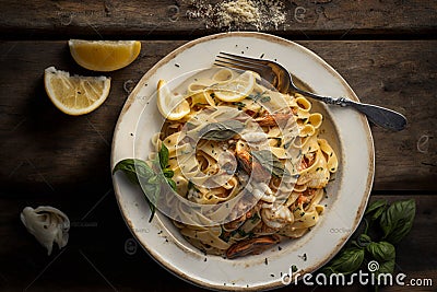 Delicous pasta carbonara, with verdure with plenty of Parmesan, beautiful table setup. Ai generated Stock Photo