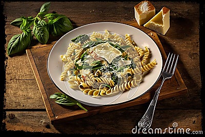 Delicous pasta carbonara, with verdure with plenty of Parmesan, beautiful table setup. Ai generated Stock Photo