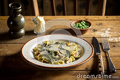 Delicous pasta carbonara, with verdure with plenty of Parmesan, beautiful table setup. Ai generated Stock Photo