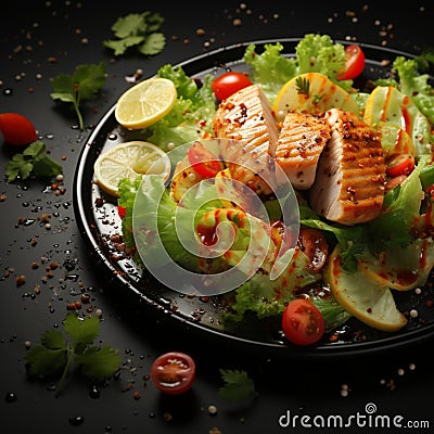 Delight in a birds eye view of salad, chicken, and space Stock Photo