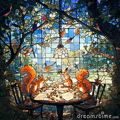 Charming Stained Glass Squirrels' Gathering Cartoon Illustration