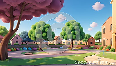 Whimsical School Landscape: Cartoon Illustration in Full Color Cartoon Illustration