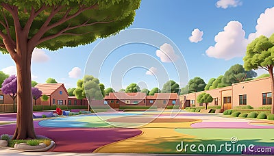 Whimsical School Landscape: Cartoon Illustration in Full Color Cartoon Illustration