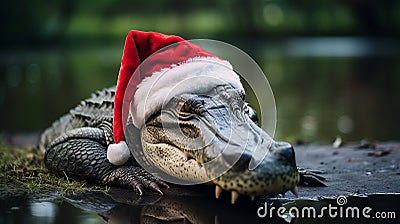 Festive Swamp Royalty: Alligator Donned in Dapper Christmas Attire Stock Photo