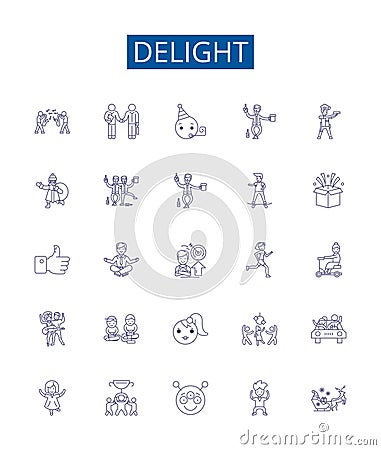 Delight line icons signs set. Design collection of Joy, Appeal, Gratify, Thrill, Enchant, Amuse, Satisfy, Elate outline Vector Illustration