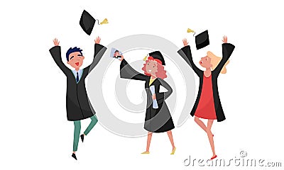 Delighted Boy and Girl Students in Academic Gown and Square Cap Cheering About Graduation Ceremony Vector Set Vector Illustration