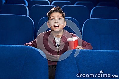 Delighted boy watching interesting film in cinema Stock Photo