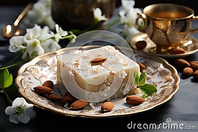 Delightful almond fudge served in an asian inspired motif on a pristine white plate, eid and ramadan images Stock Photo