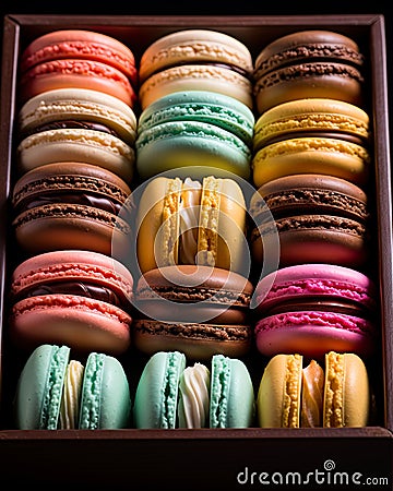 delightful array of colorful macaroons up close. Stock Photo