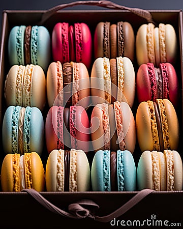 delightful array of colorful macaroons up close. Stock Photo