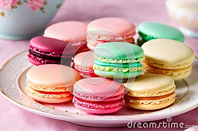 Macarons, arranged in an assortment of vibrant colors, sit atop a table adorned with a pink tablecloth. Stock Photo