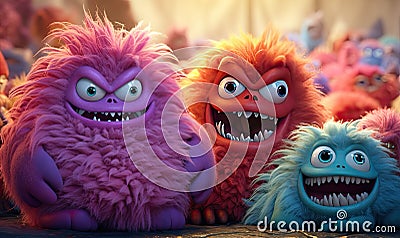 A delightful artwork featuring a lineup of shaggy, fluffy monsters, each displaying their own unique angry expressions and Stock Photo