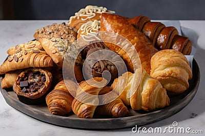 delightful assortment of croissants, danish, and cookies on platter Stock Photo