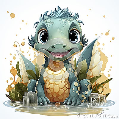 Delightful baby dragon enjoying a splash, surrounded by bubbles, with cute bottles and vibrant flower. Ideal for fantasy Stock Photo