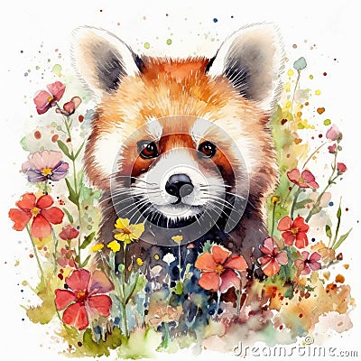 Delightful Baby Red Panda in a Colorful Flower Field for Art Prints and More. Stock Photo