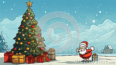 A delightful cartoon xmas card adorned with a Santa and a festive Christmas tree. Generative AI. Stock Photo