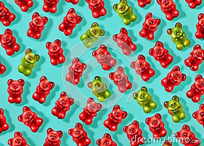 Delightful Cherry Red Gummy Bears Climbing Upward A Vibrant Repeating Pattern Background Perfect for Design Projects Stock Photo