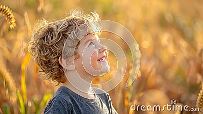 Delightful child with beautiful curly hair smiling and joyfully looking to the side Stock Photo