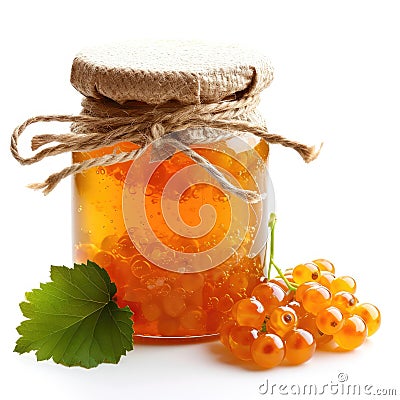 Delightful cloudberry jam marmalade jelly preserves in a glass jar, accompanied by fresh cloudberries, displayed on a clean white Stock Photo