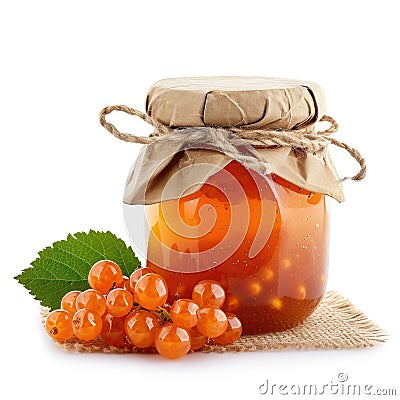 Delightful cloudberry jam marmalade jelly preserves in a glass jar, accompanied by fresh cloudberries, displayed on a clean white Stock Photo