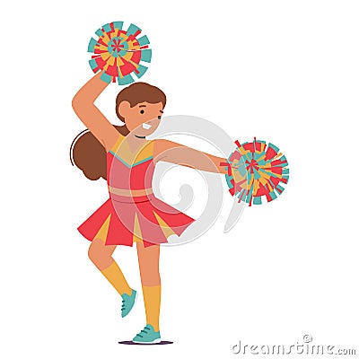 Delightful Cute Cheerleader Girl Character With Radiant Smile, Adorned In A Vibrant Uniform, Gracefully Twirling Pompoms Vector Illustration