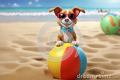 A delightful 3D cartoon dog character wearing sunglasses, enjoying a fun day at the beach while playing with plastic ball Stock Photo