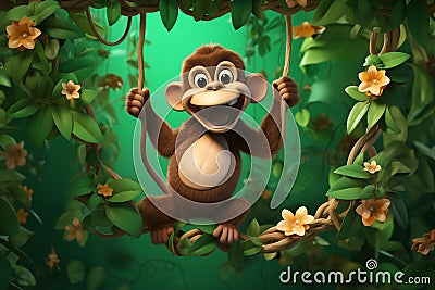 a delightful 3D illustration of a mischievous, cartoon-style monkey in a lush jungle by Generative AI Cartoon Illustration