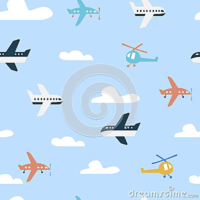 Seamless pattern of childish cute air plane or transportation with cloud and blue background Vector Illustration