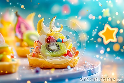 A delightful display of small lemon tarts topped with an array of colorful fruits and decorative elements, set against a Stock Photo