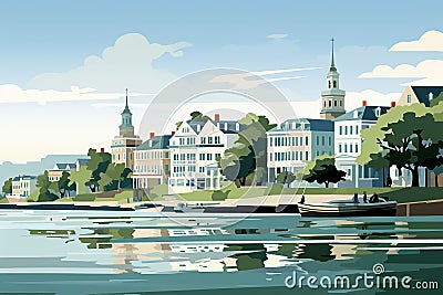 Charleston Elegance: Mansions, Waterfront & History in Southern Shades Cartoon Illustration