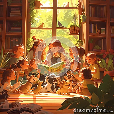 Delightful Gathering of Children and Pets in a Sunlit Room, Perfect for Joyous Family Moments or Educational Materials. Stock Photo