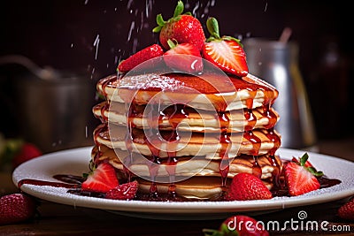 Delightful Honey strawberry pancakes. Generate Ai Stock Photo