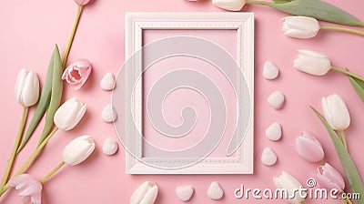 Mother's Day Gift Photo Frame Mockup Flat Lay Composition with Pink Tulips, Hearts, and Sprinkles on Pastel Pink Background Stock Photo