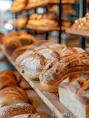 A delightful showcase of an extensive selection of artisanal breads, featuring an array of shapes, sizes, and textures Stock Photo