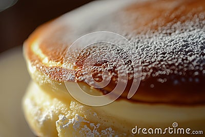 Souffle pancake, with a soft, fluffy texture and a dusting of powdered sugar close-up. Generative AI Stock Photo