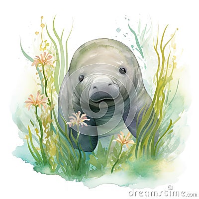 Delightful Watercolor Baby Manatee Swimming Amidst Sea Grasses AI Generated Cartoon Illustration