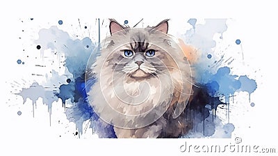 Watercolor portrait of a ragdoll cat on a white background with splashes Stock Photo