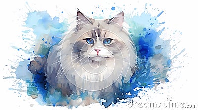 Watercolor portrait of a ragdoll cat on a white background with splashes Stock Photo