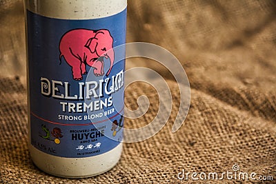 Delirium Tremens Belgian speciality beer from brewery Huyghe. Selective focus Editorial Stock Photo