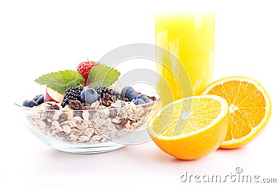 Deliscious healthy breakfast with flakes and fruits isolated Stock Photo