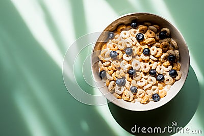 Deliscious healthy breakfast with flakes and fruits isolated on green background.muesli with yogurt .wholegrain muesli breakfast, Stock Photo