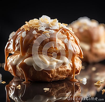 Delisious profiteroles on a dark background.Generated by AI Stock Photo