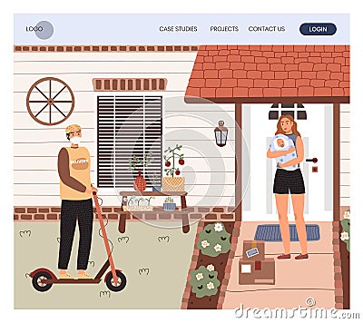 Delivered packages left at house front door. Safe contactless delivery. Prevent spread of the coronavirus. Woman with Vector Illustration