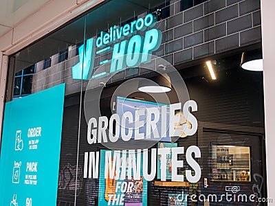 Deliveroo Hop store, 70 New Oxford St, London WC1A 1EU. Editorial Stock Photo