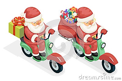 Delivery Bag Gift Box Santa Claus Courier Scooter Symbol Box Icon Concept Isolated Cartoon Isometric 3d Flat Design Vector Illustration